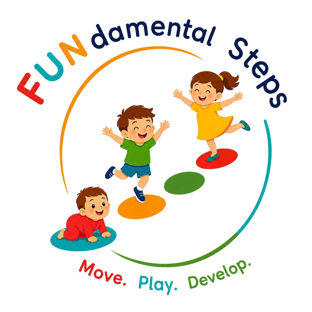 Drei Kinder springen, balancieren und krabbeln — Move. Play. Develop.